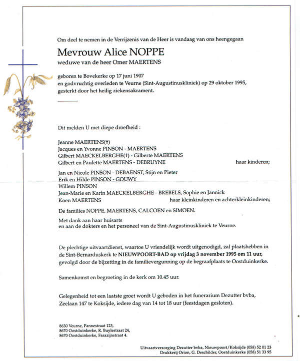 Overlijdensbrief Alice Noppe